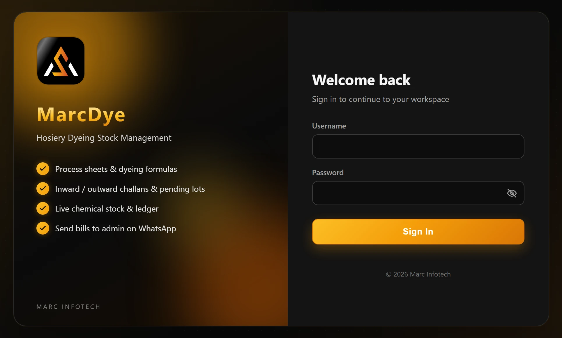 Marc Dye hosiery dyeing stock management software sign-in screen listing process sheets, challans, chemical stock and WhatsApp bills